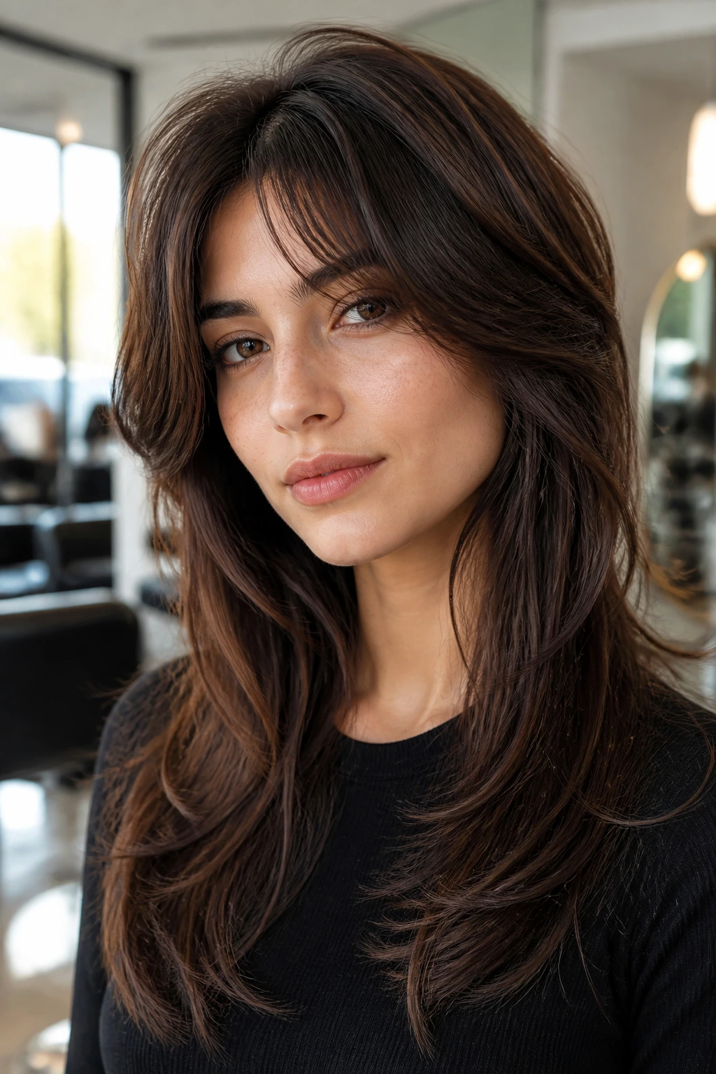 Close-up portrait of a real woman with a soft wolf cut maintaining length in a sunlit salon