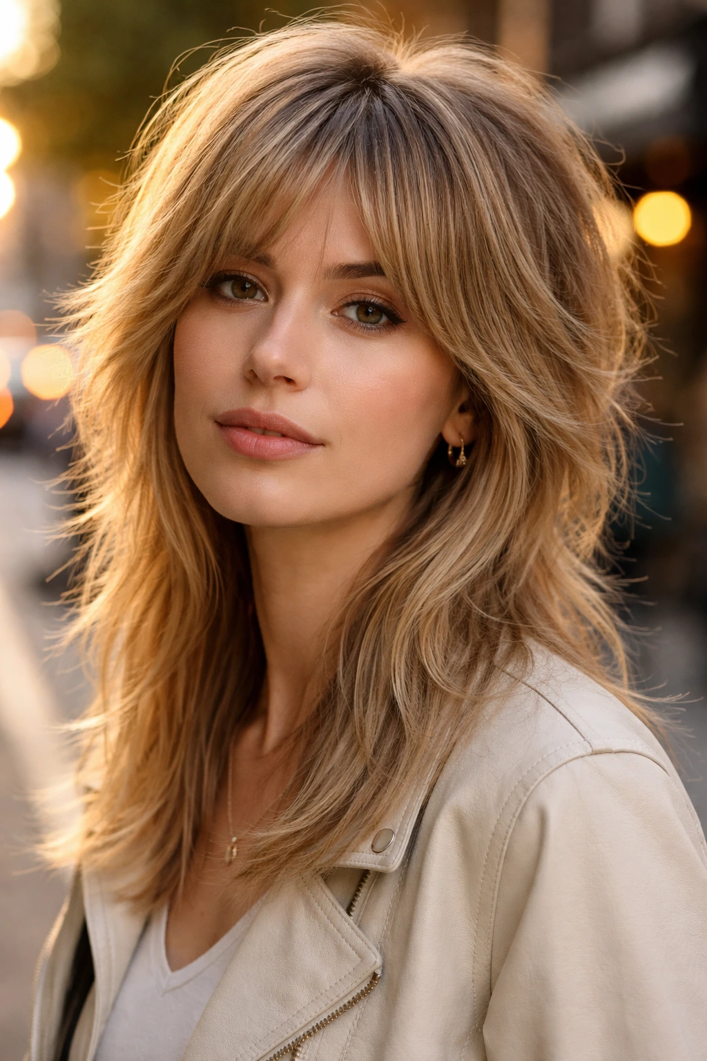 Close-up portrait of a person with a wolf cut featuring a lighter perimeter and lifted crown on a city street at golden hour