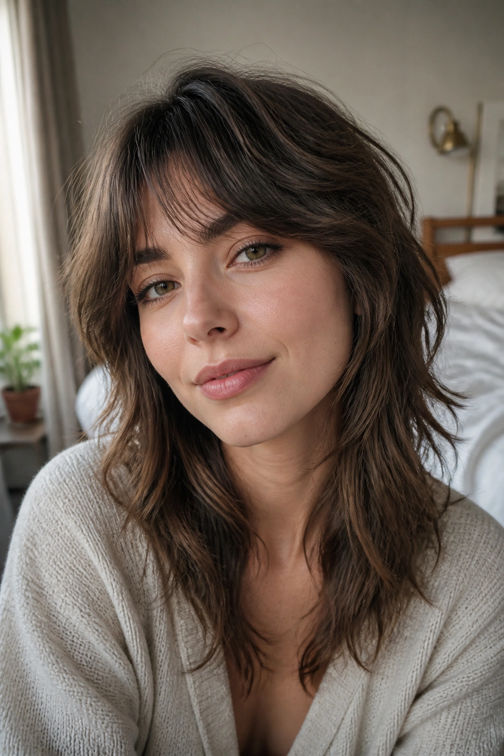Close-up portrait of a real woman with a light wolf cut for fine hair, crown lift and fuller bottom.