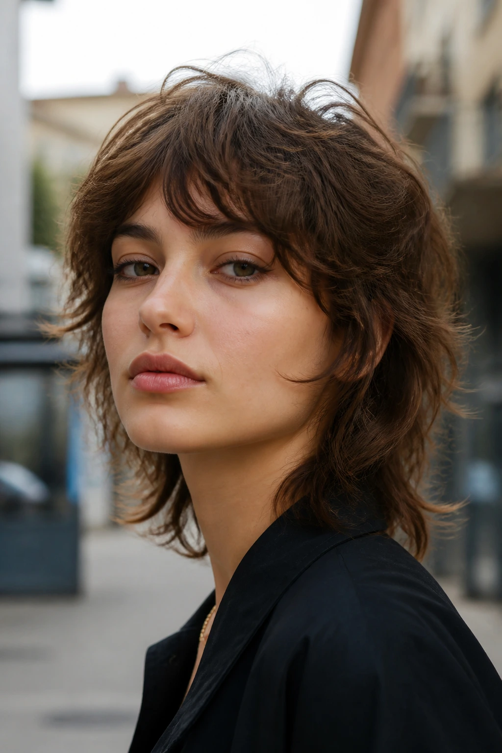 Close-up of a person with a wolf cut lite featuring textured crown.