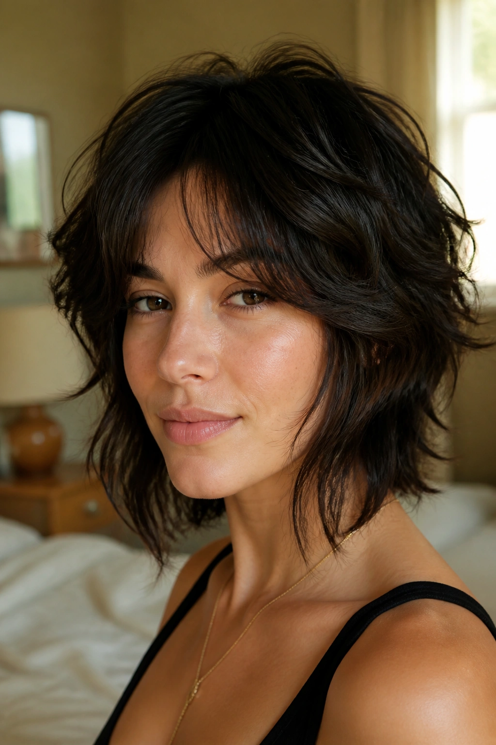Close-up portrait of a real woman with a Wolf Cut Lite hairstyle in warm window light in a cozy bedroom