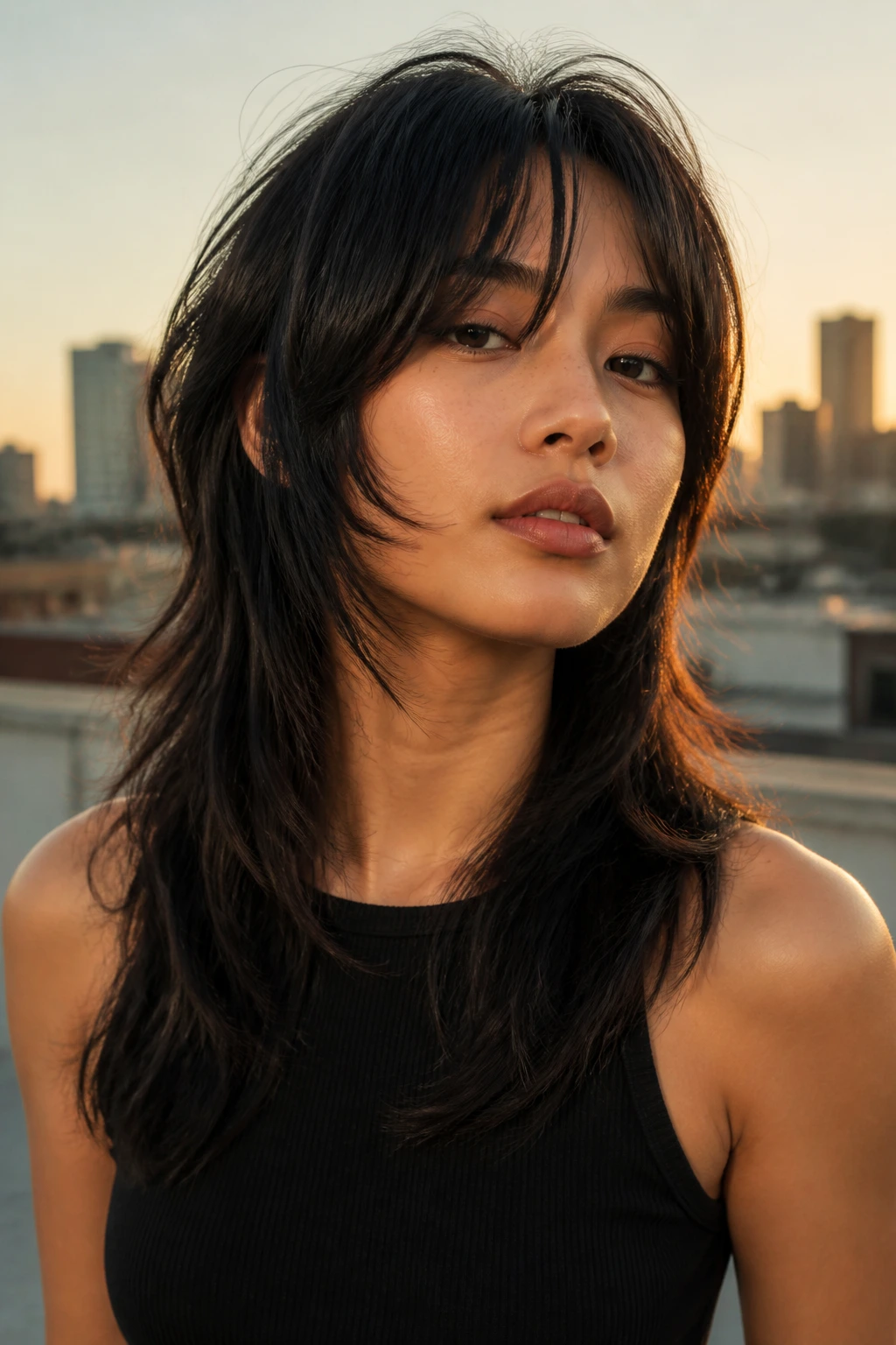 Close-up of a real woman with a wolf cut and long bangs on a city rooftop at golden hour.