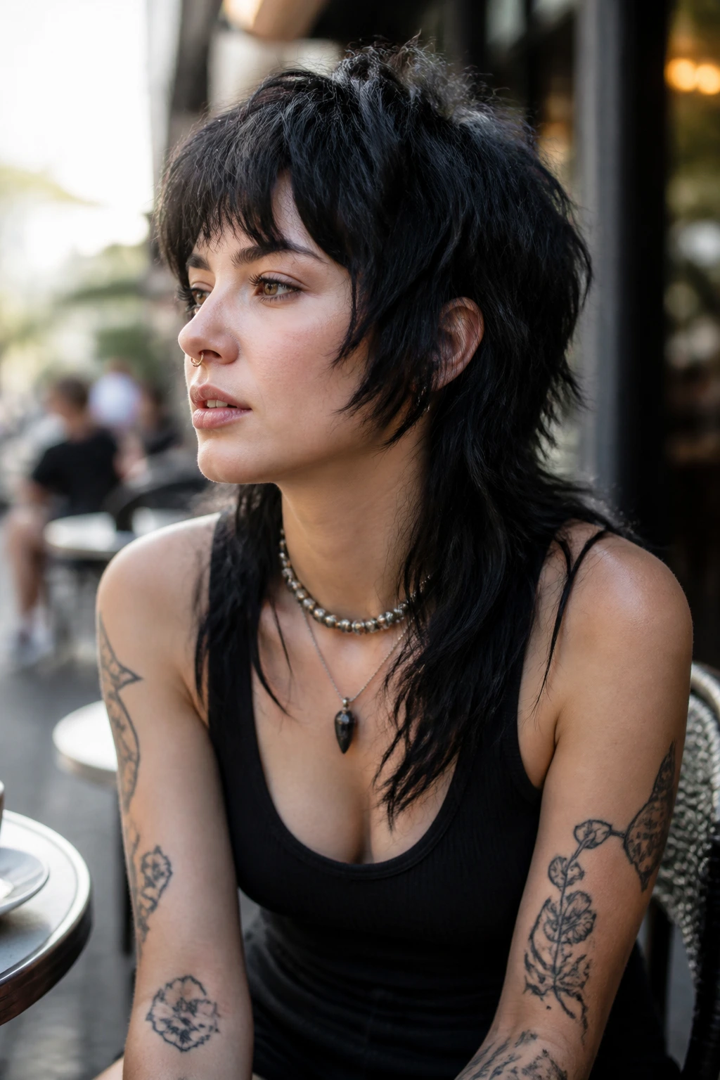 Close-up portrait of a real person with disconnected wolf cut long tail outdoors in natural light