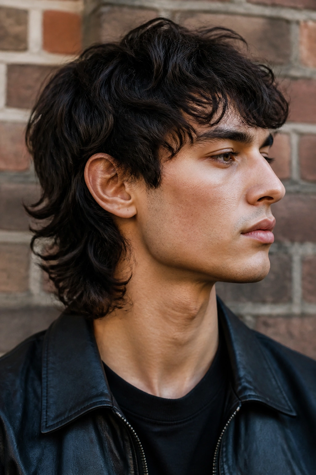 Portrait of a man with wolf cut hairstyle showing fuller crown and longer back.