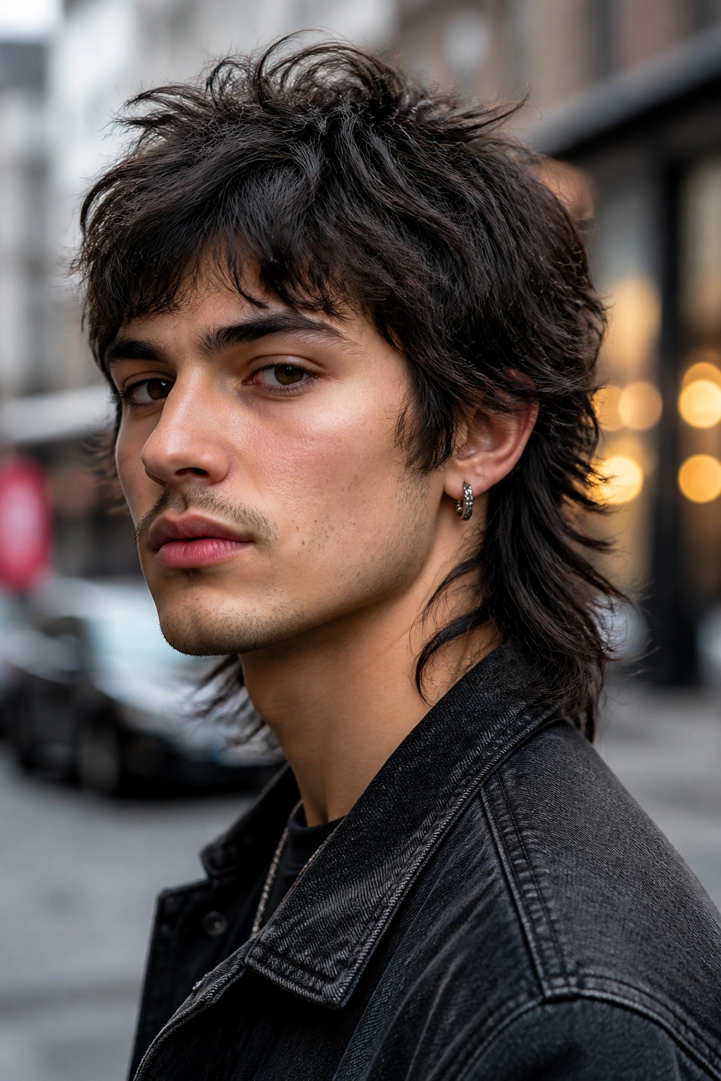 Close-up portrait of a man with a wolf cut, choppy textured top and longer back