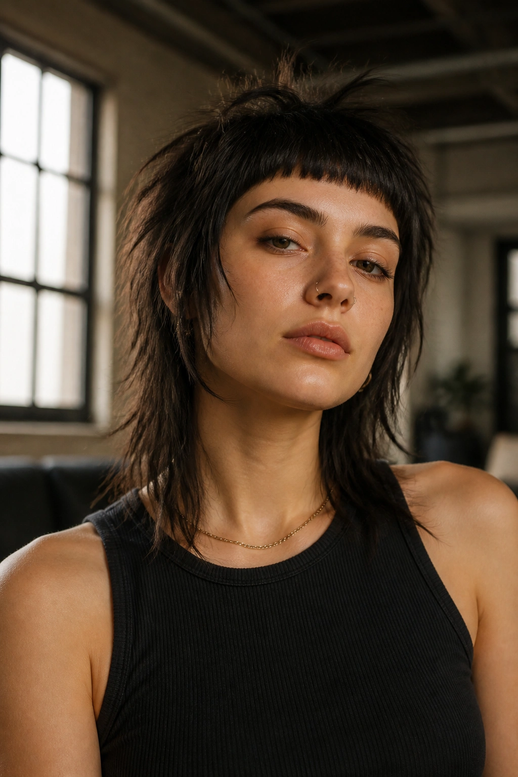 Close-up portrait of a real person with wolf cut and micro bangs