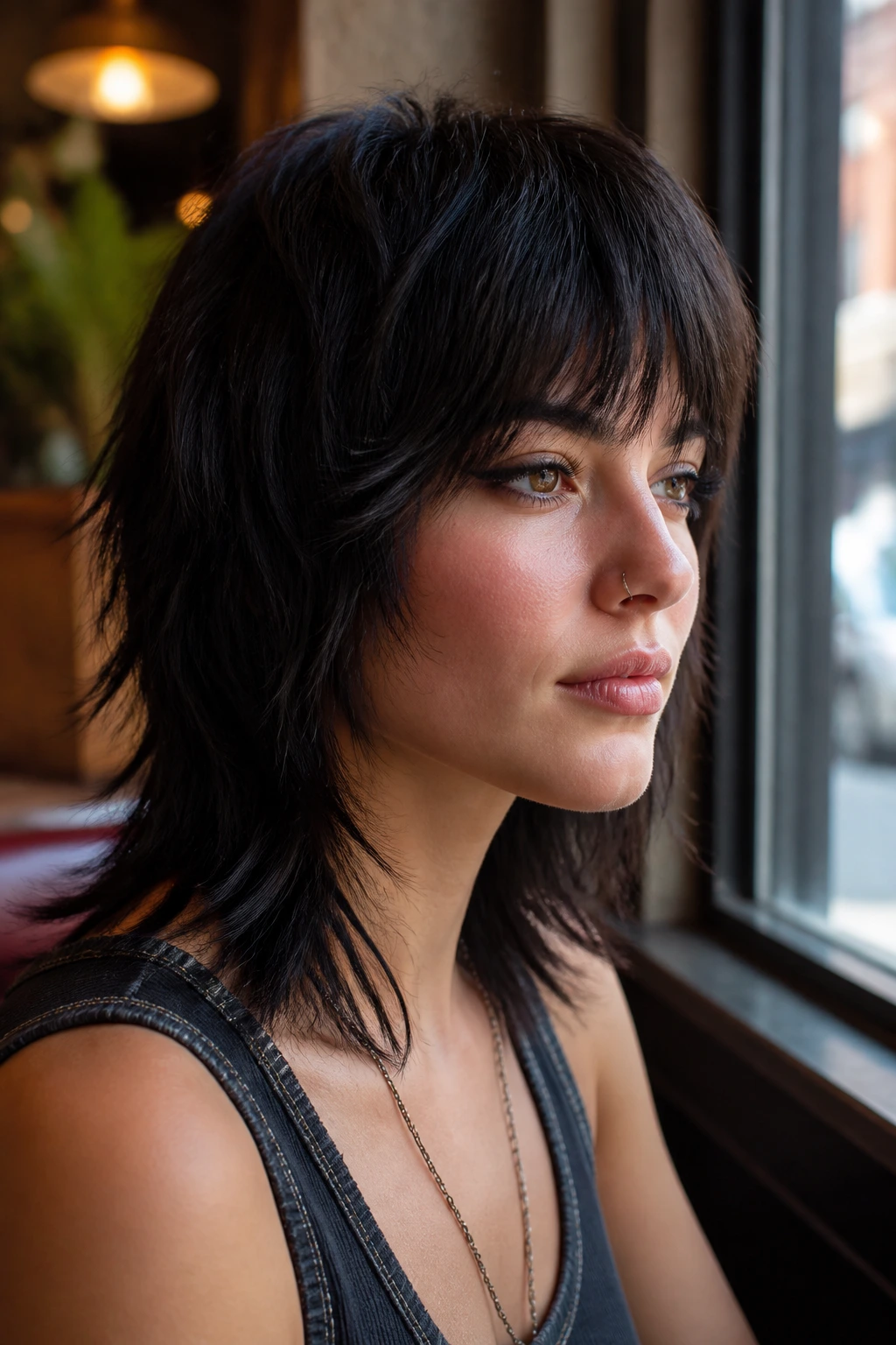 Close-up of a real person with piecey wolf cut and micro shag layers under natural light