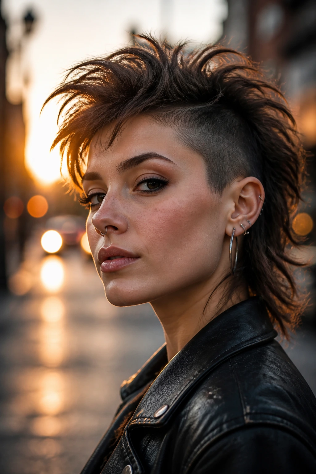 Close-up of a real person with wolf-cut volume and shaved sides in an urban street setting
