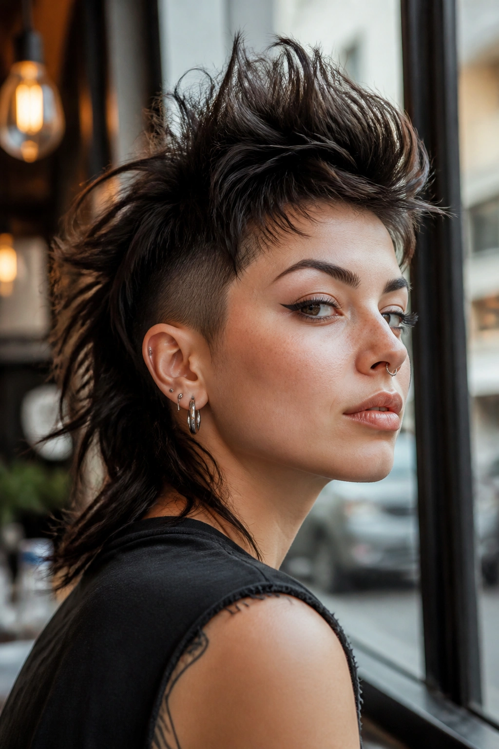 Close-up of a real person with wolf-cut mohawk and layered texture