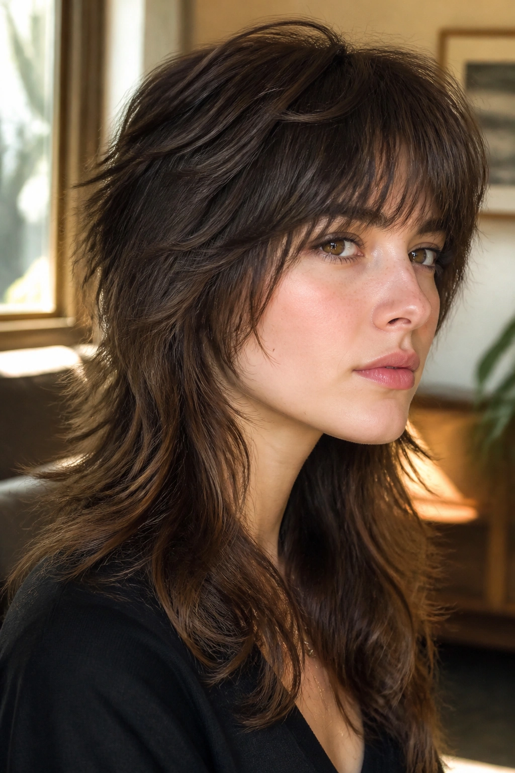 Close-up portrait of a real person with a Wolf Cut Mullet Hybrid hairstyle in warm window light.