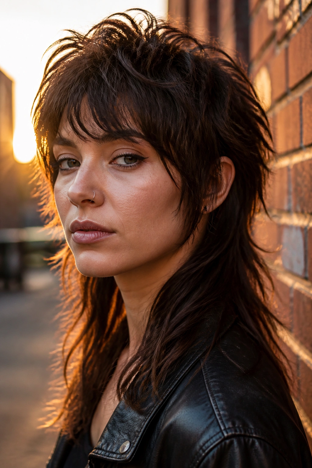 Portrait of a real woman with wolf-cut mullet hybrid, voluminous crown and long back, urban background.