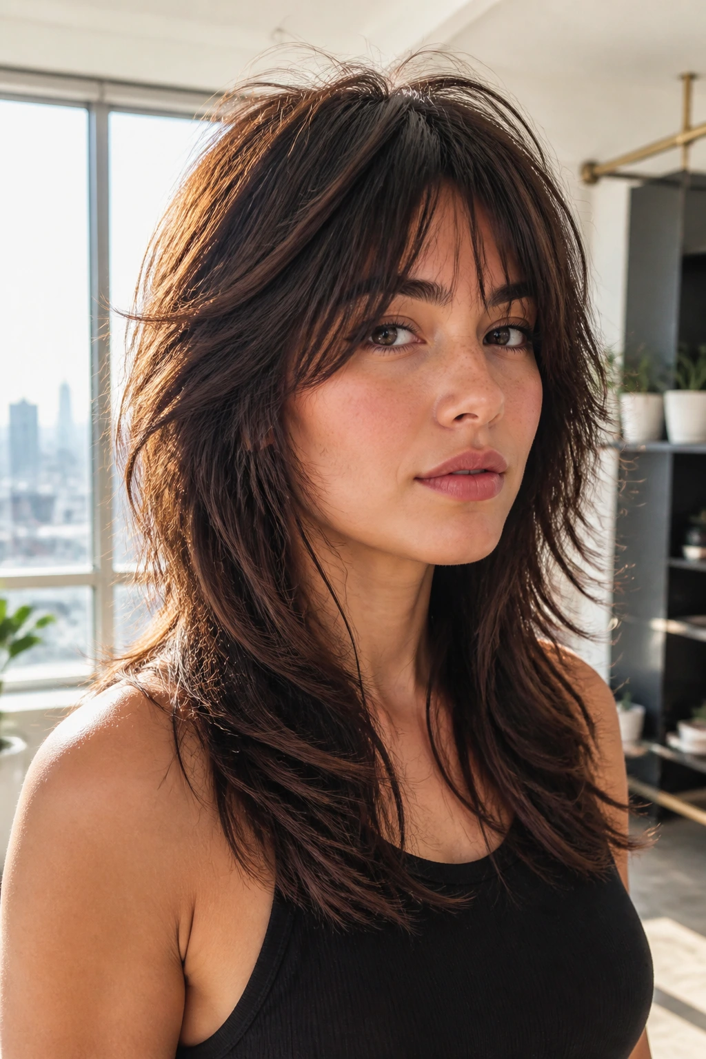 Close-up of a real woman showcasing a layered wolf cut with piecey ends.