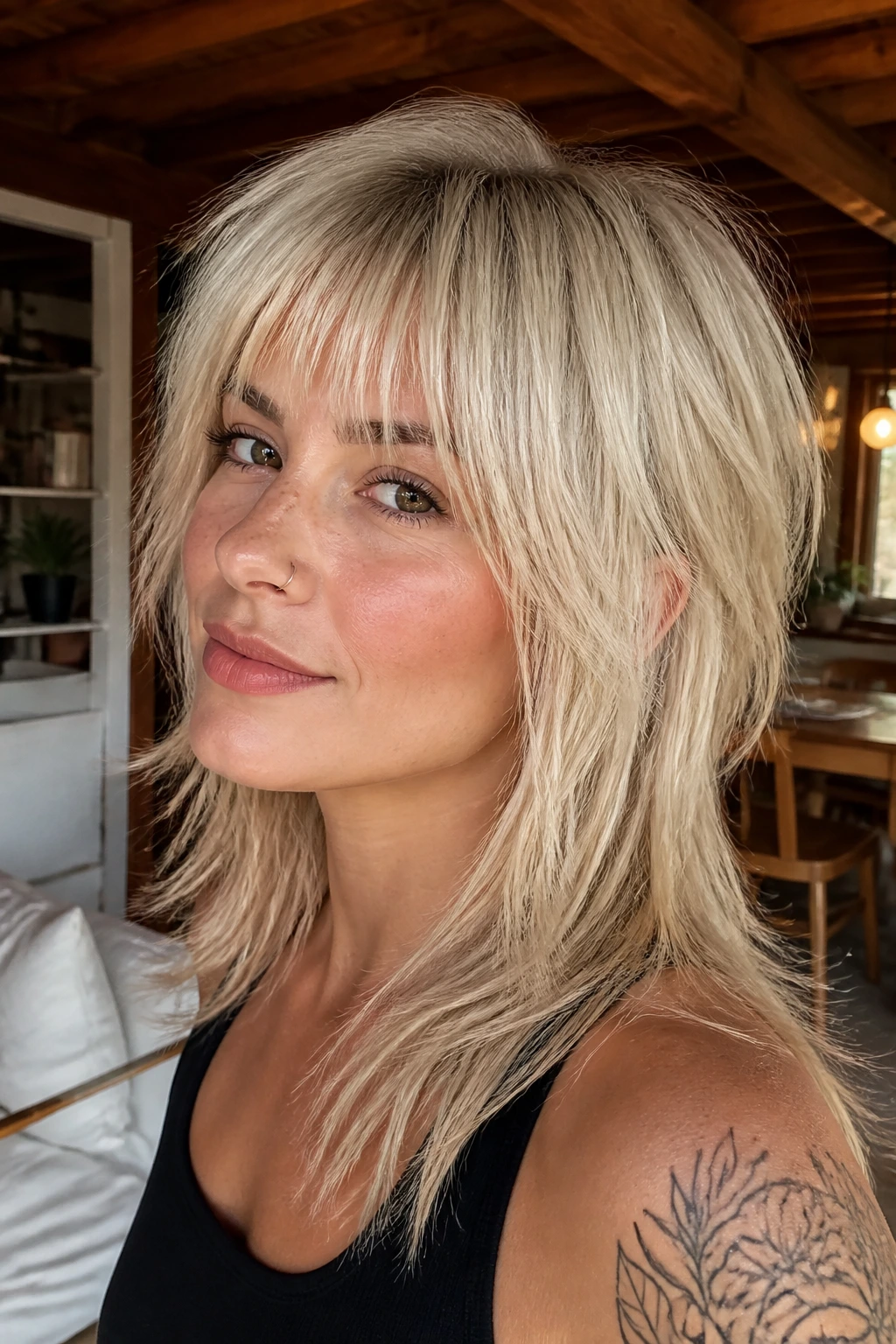 Close-up of a real woman with a grown-out wolf cut and platinum fringe in a sunlit living room