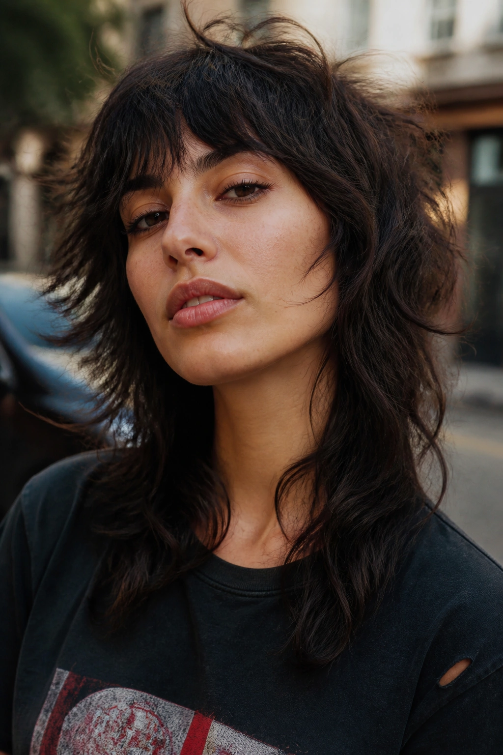 Close-up of a woman with a bold wolf cut