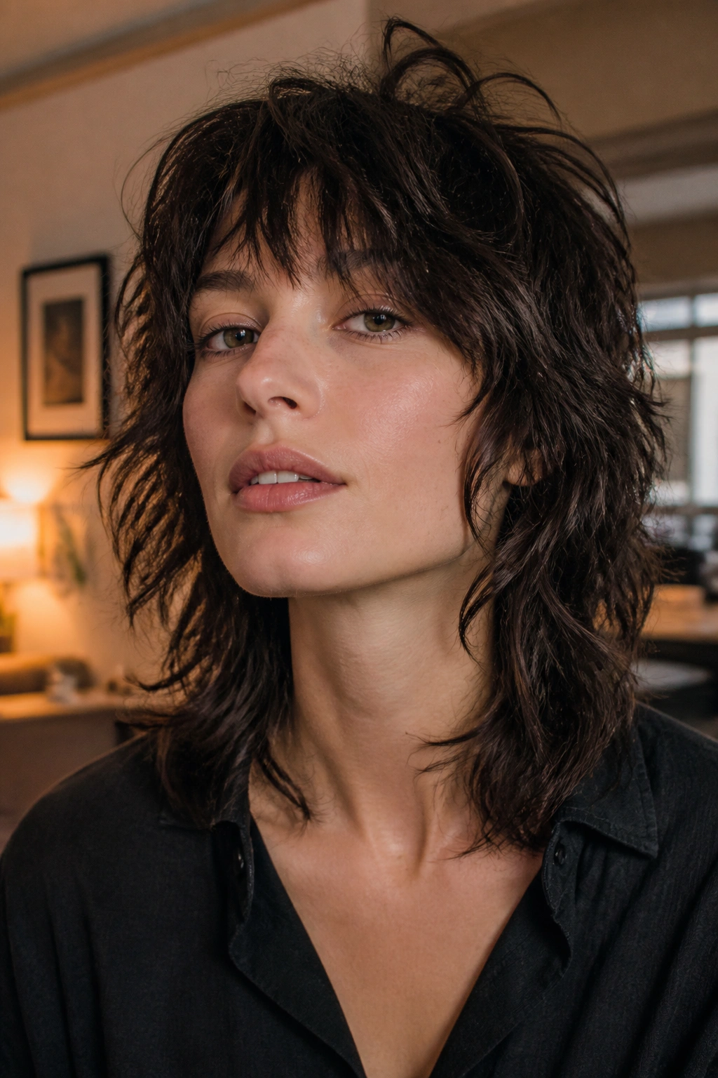 Real person with bold wolf cut showing crown volume and choppy layers