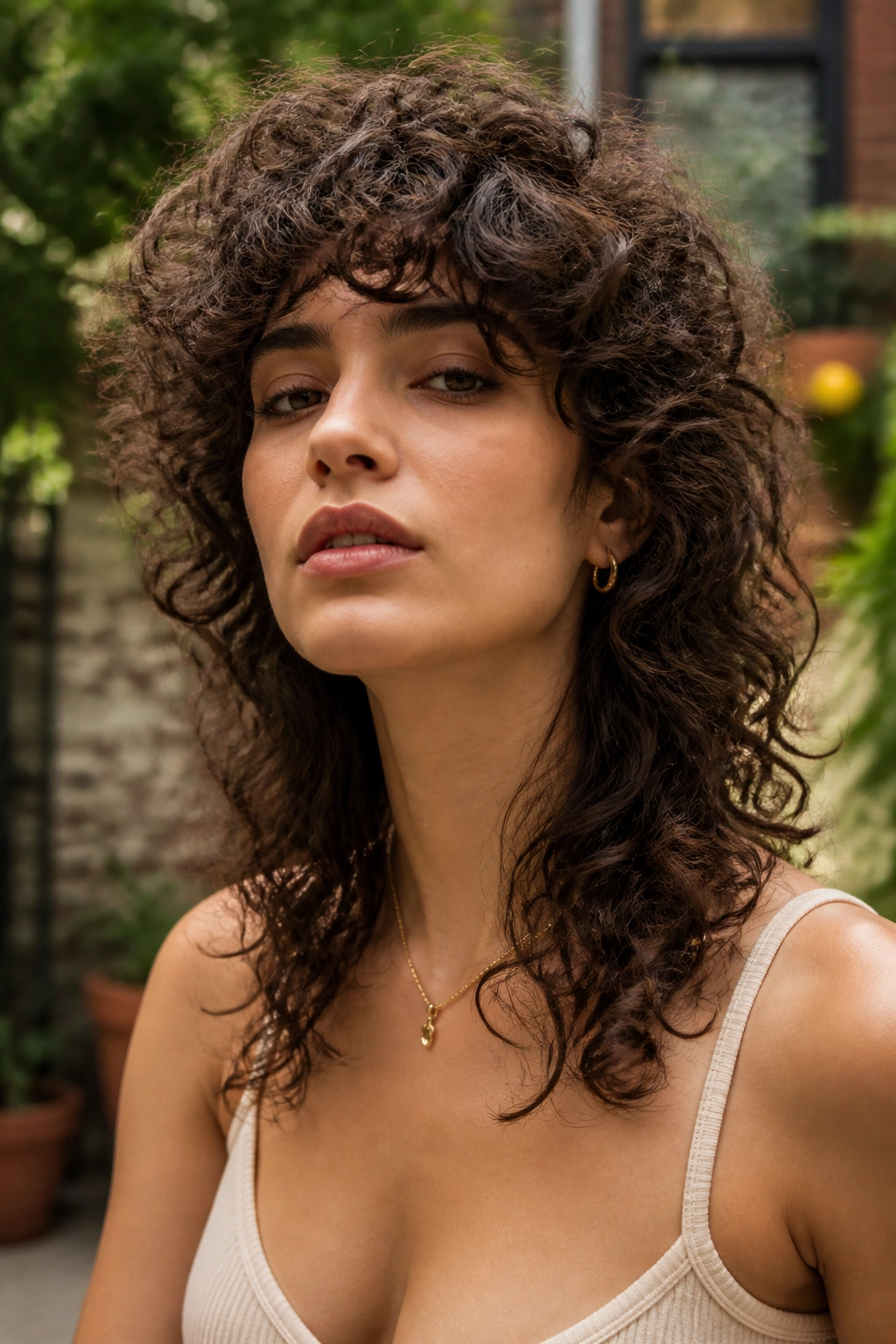 Close-up portrait of a real woman with a wolf cut and crown lift in an outdoor setting