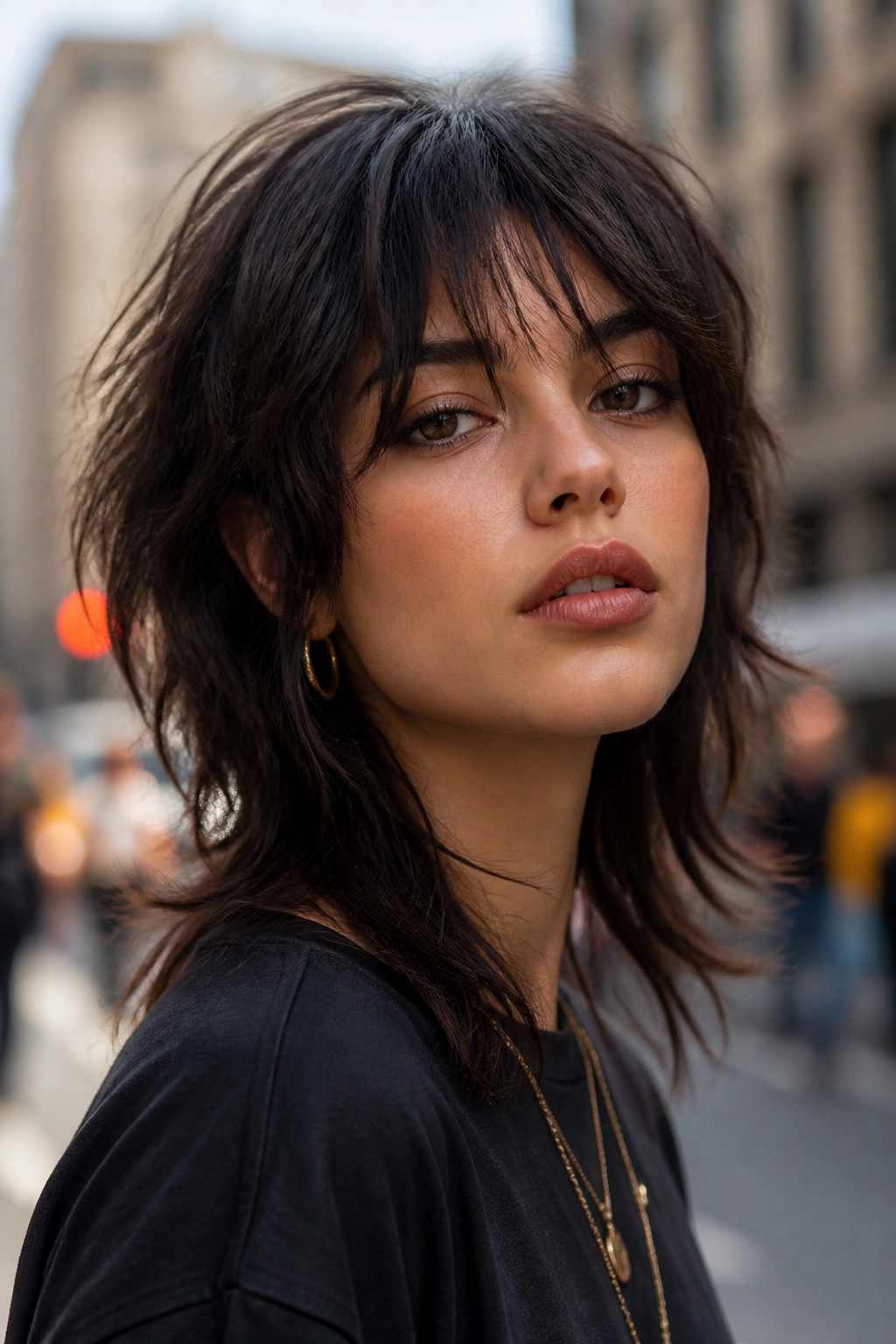 Close-up portrait of a real woman with a wolf cut on an urban street