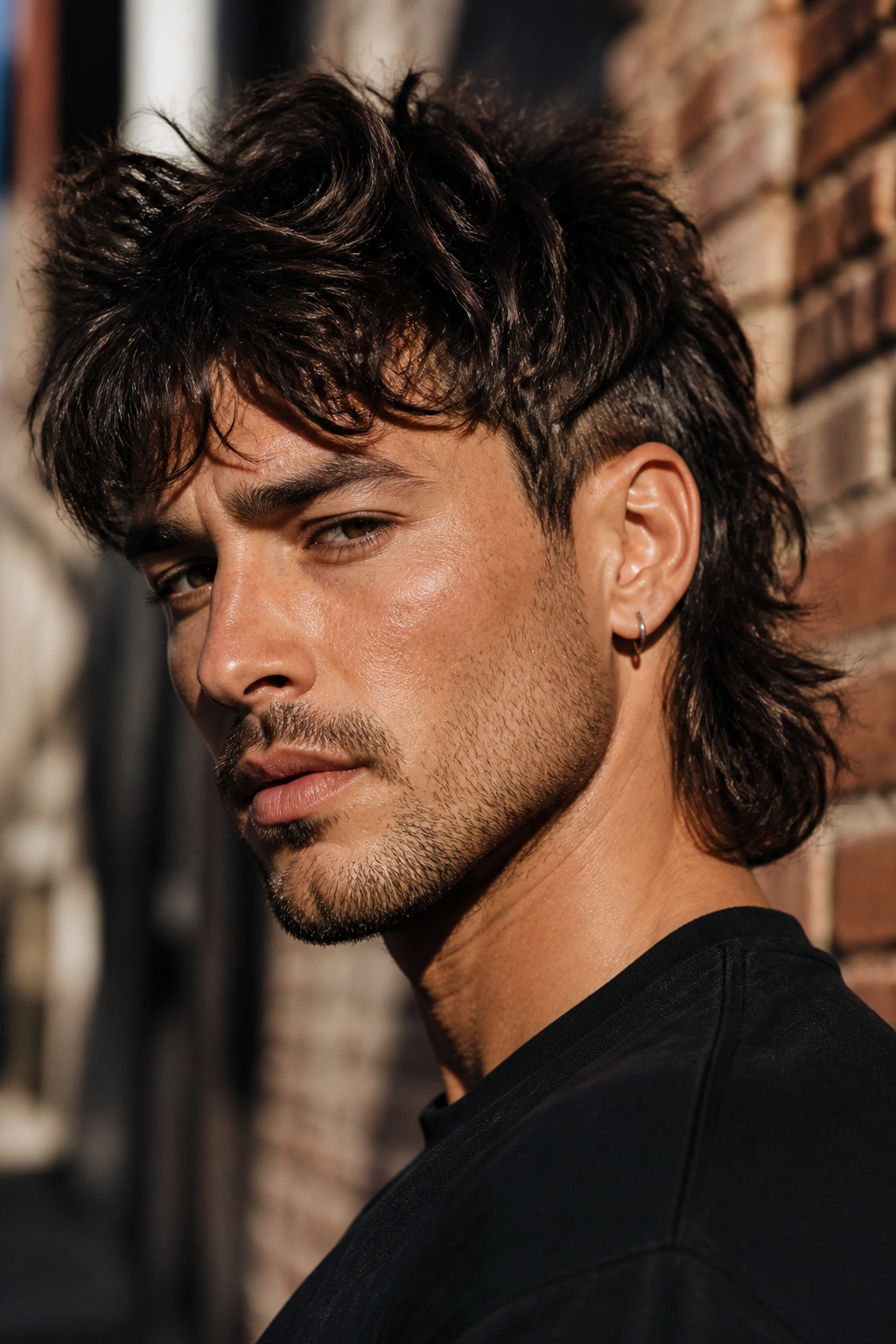 Portrait of a man with a wolf cut haircut on an urban street