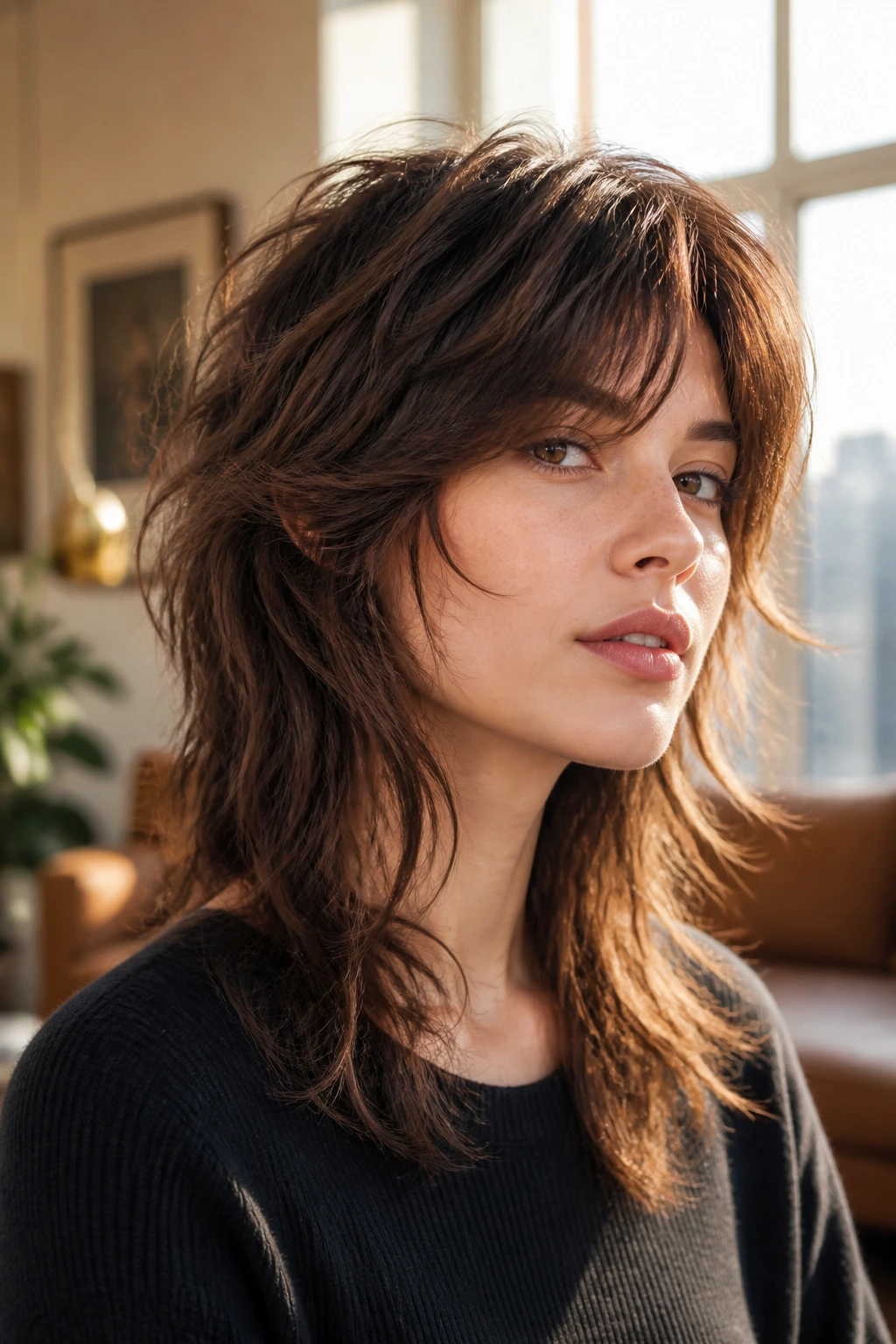 Close-up portrait of a real person with a wolf cut hairstyle in a sunlit living room