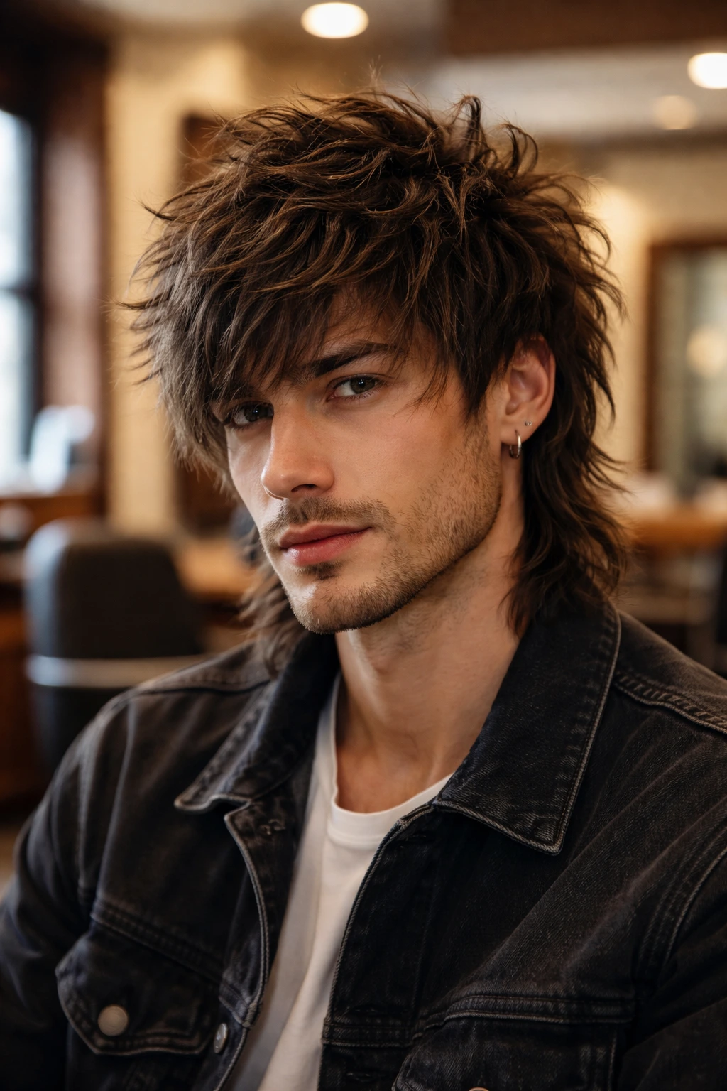 Close-up portrait of a man with a wolf cut showing layered texture in warm indoor light