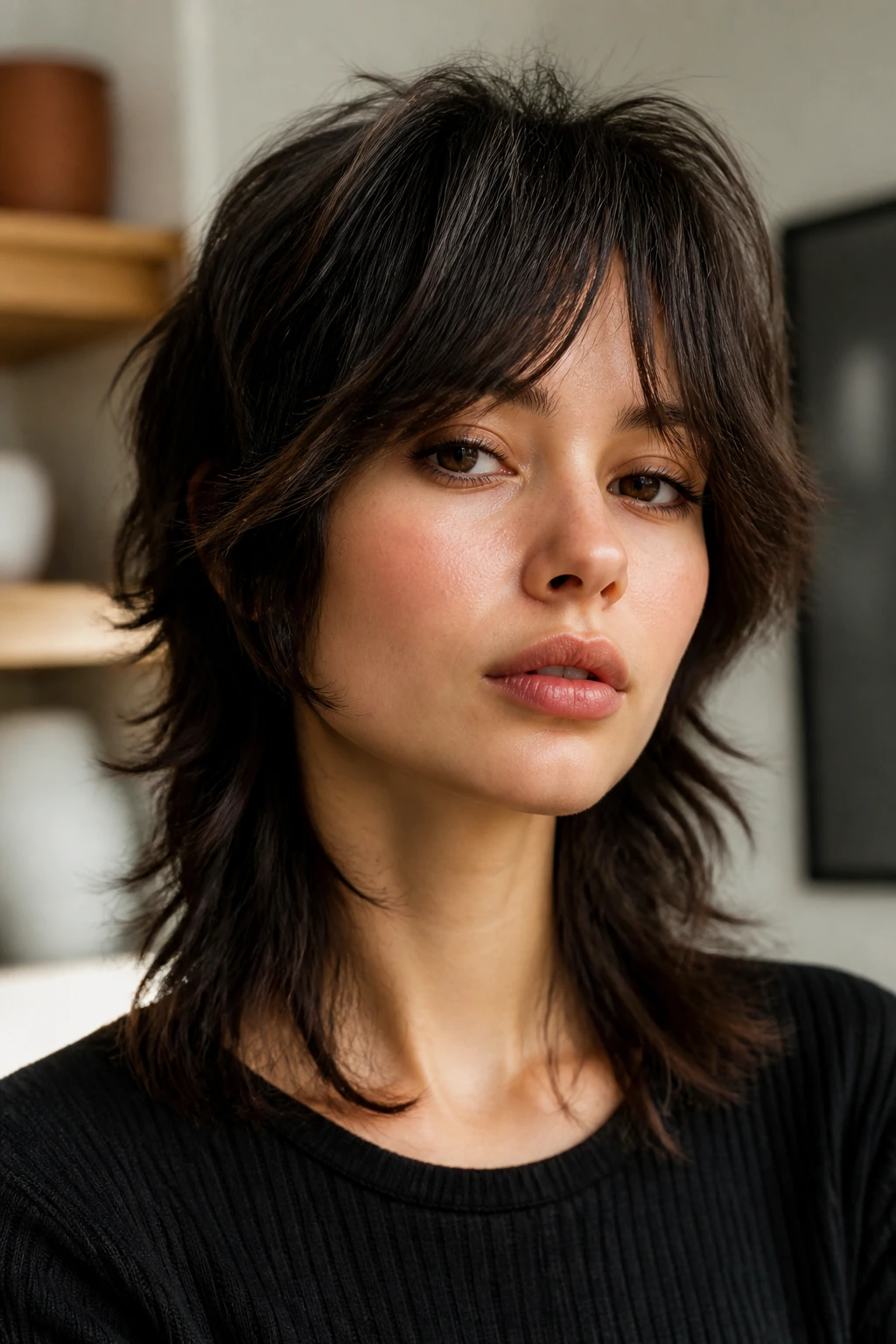 Close-up portrait of a real woman with a textured wolf cut