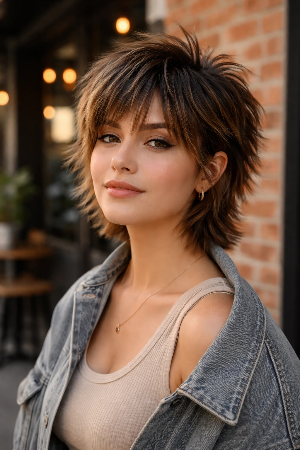 Close-up portrait of a real woman with mini wolf cut in urban daylight
