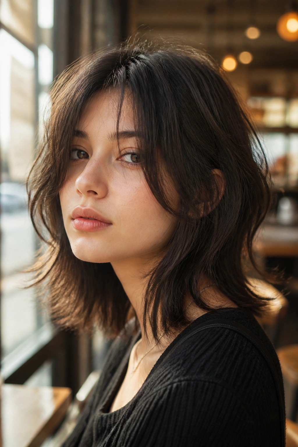 Close-up portrait of a real woman with a shoulder-length wolf cut and face-framing ribbons