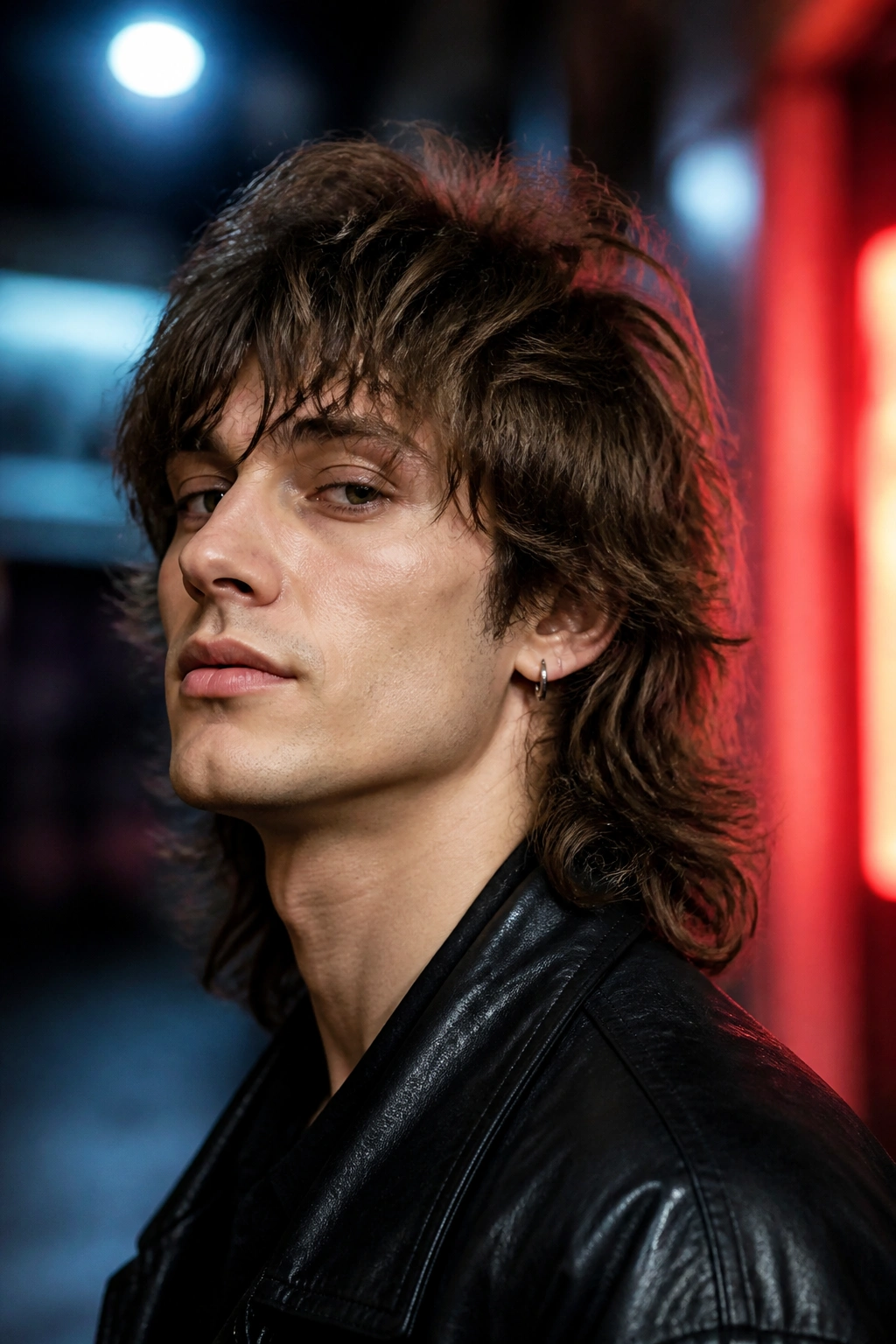 Man with wolf-cut shag featuring raised crown and choppy top in moody alley lighting