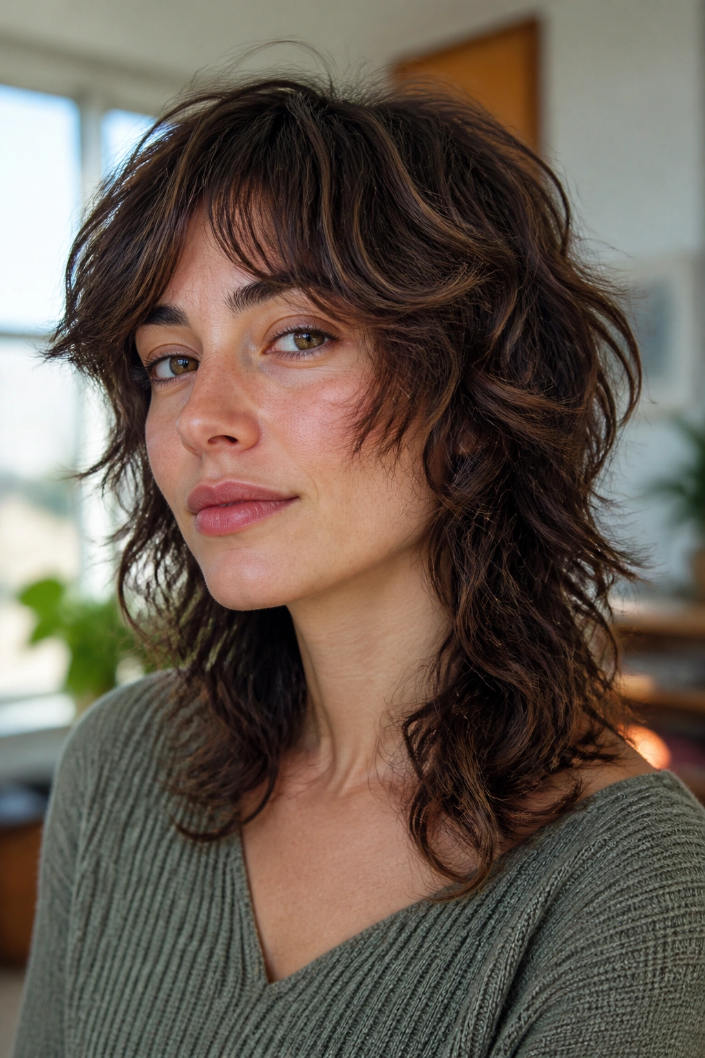 Real person with wolf-cut shag showing edgy top layers and longer bottom lengths