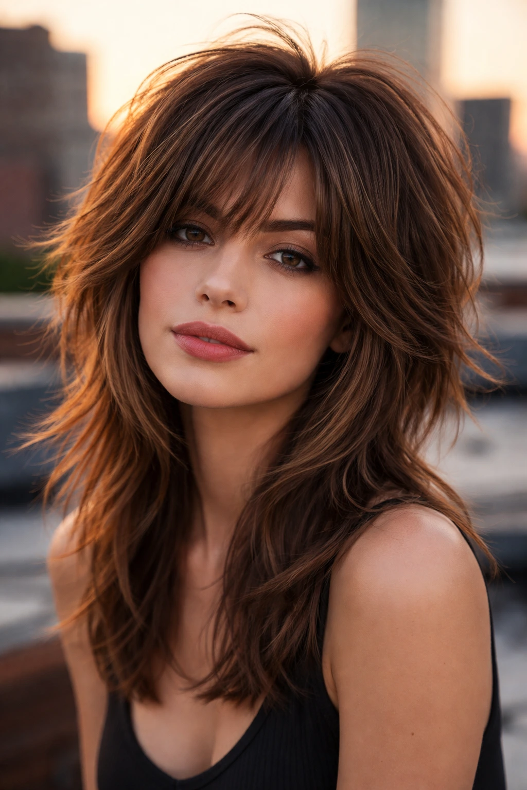 Close-up of a real person with shaggy wolf cut crown volume and face-framing layers