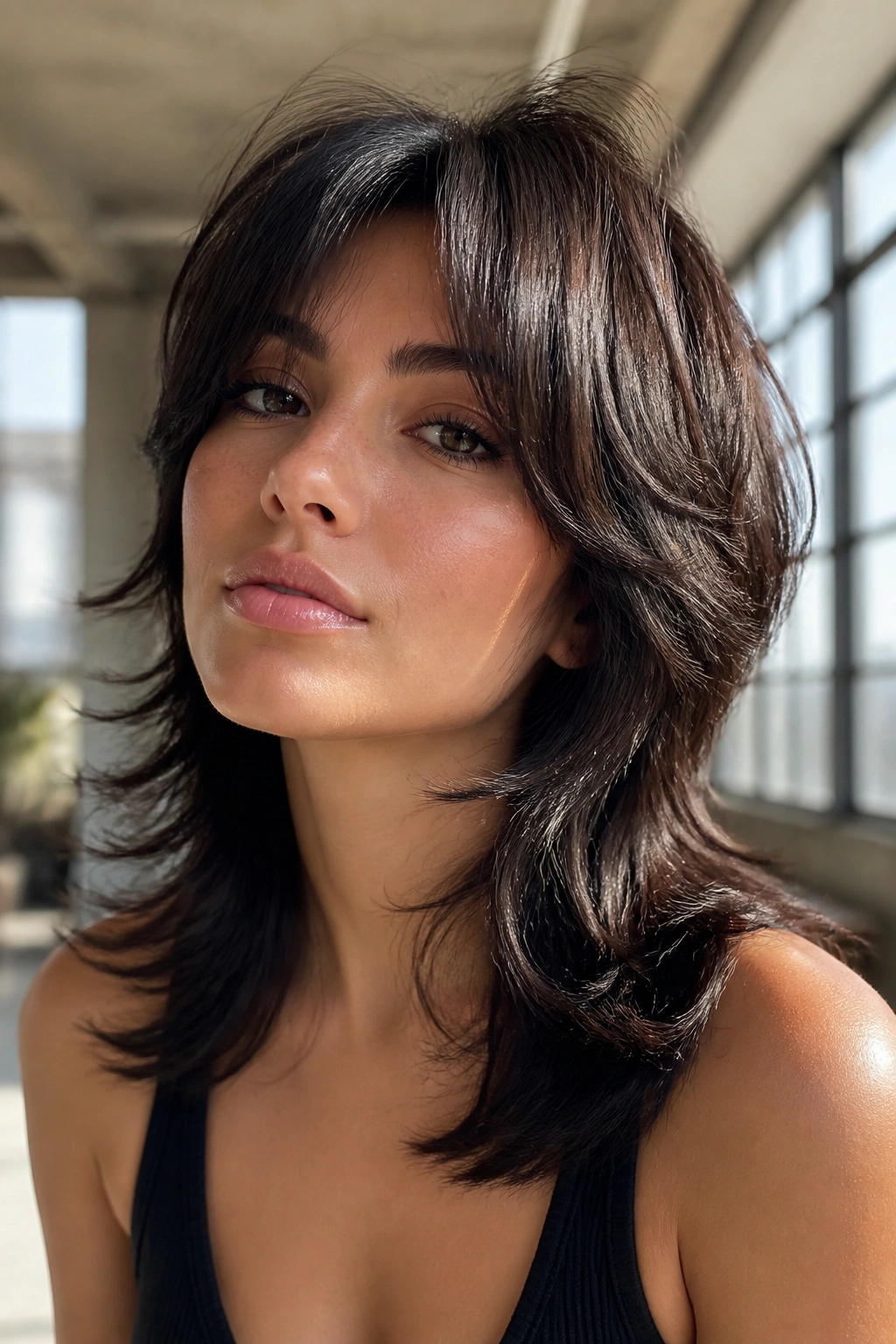 Real woman with modern wolf cut and shine in urban loft setting