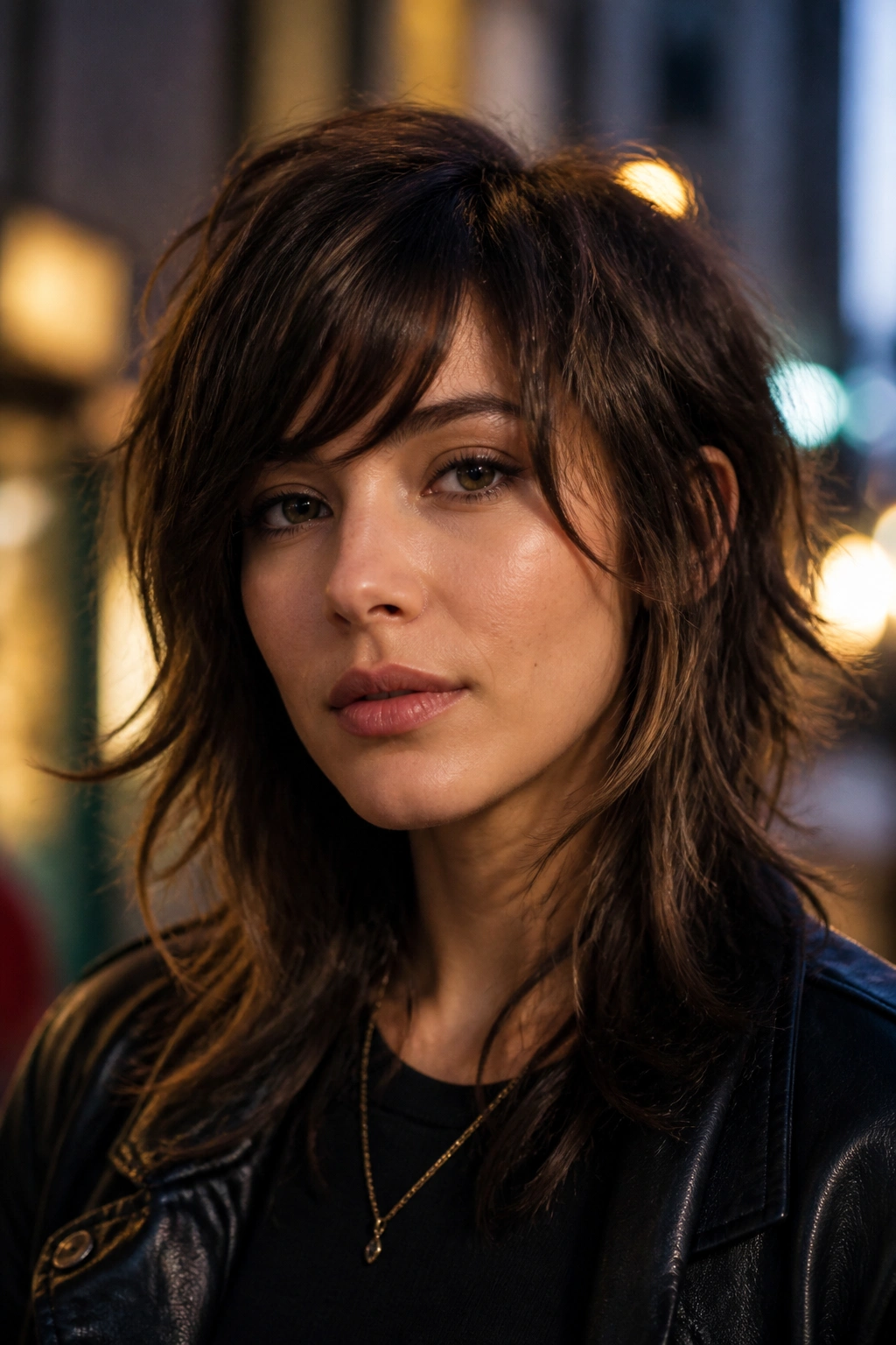 Portrait of a woman with wolf cut and side bangs in urban evening light.