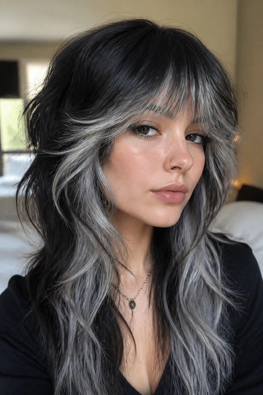 Close-up portrait of a real woman with Black Wolf Cut featuring silver-white feathering around the face