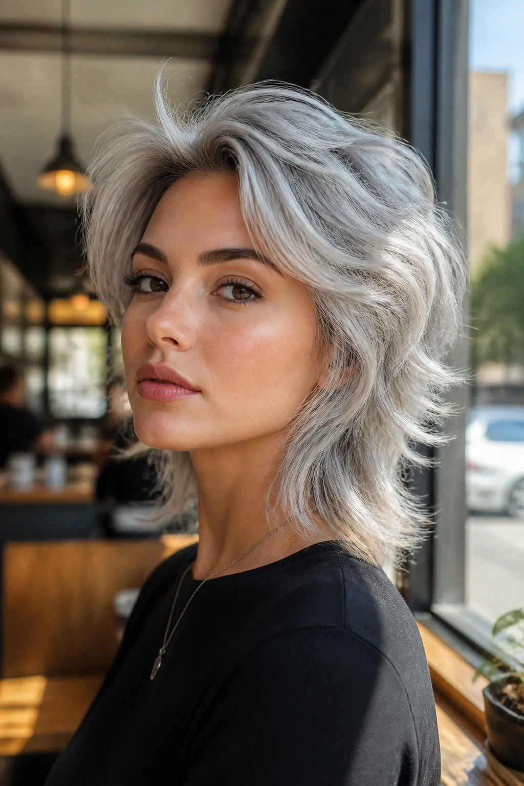 Close-up portrait of real person with metallic silver wolf cut hairstyle in cafe window light