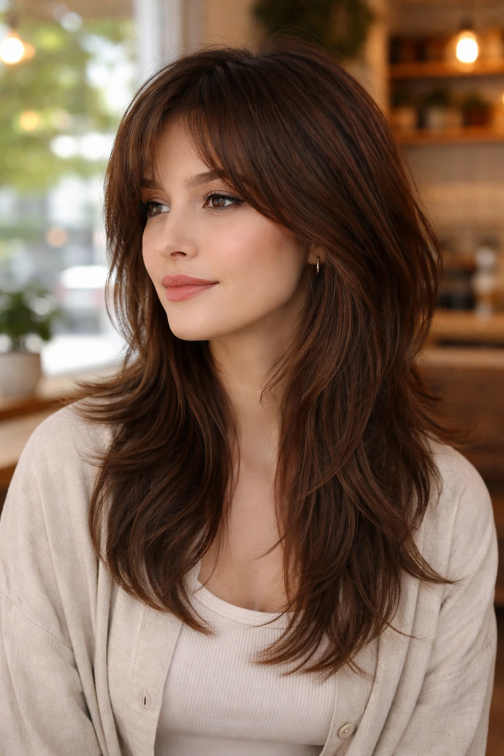 Portrait of a woman with a soft wolf cut in brown hair