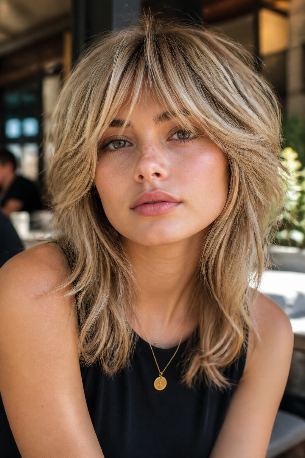 Close-up portrait of a real person with a wolf cut and soft edges in warm light.