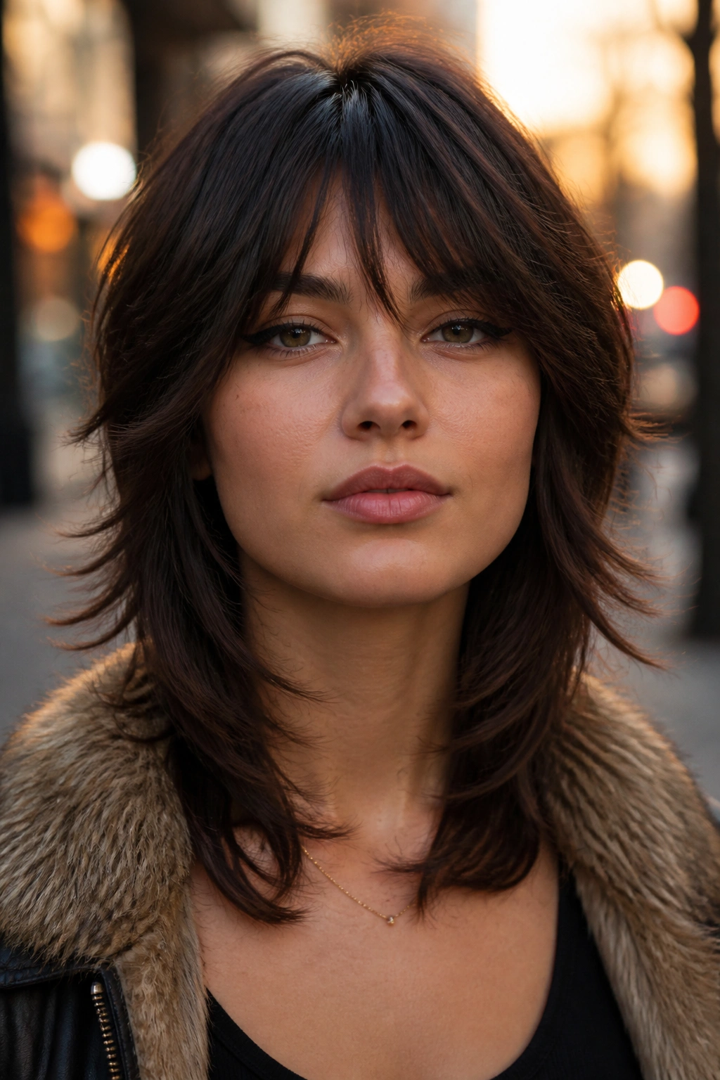 Portrait of a person with a wolf cut and soft-edged layers on an urban street at golden hour.