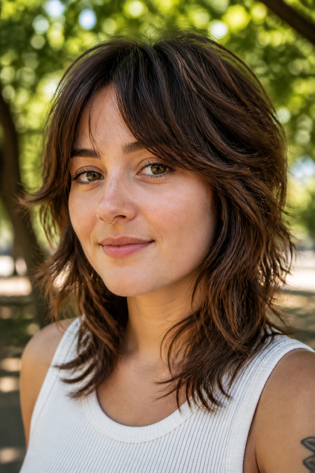 Portrait of a real person with a softer-edged wolf cut in natural light