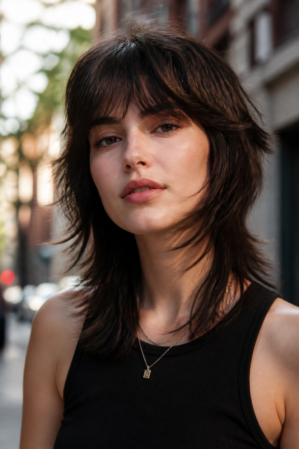 Close-up of a real woman with a wolf cut and soft edges in an urban sunlit street