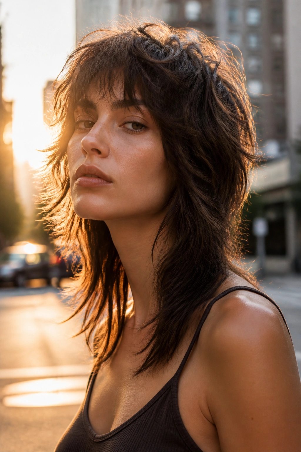 Real woman with a wolf cut and soft feathered ends under golden hour glow