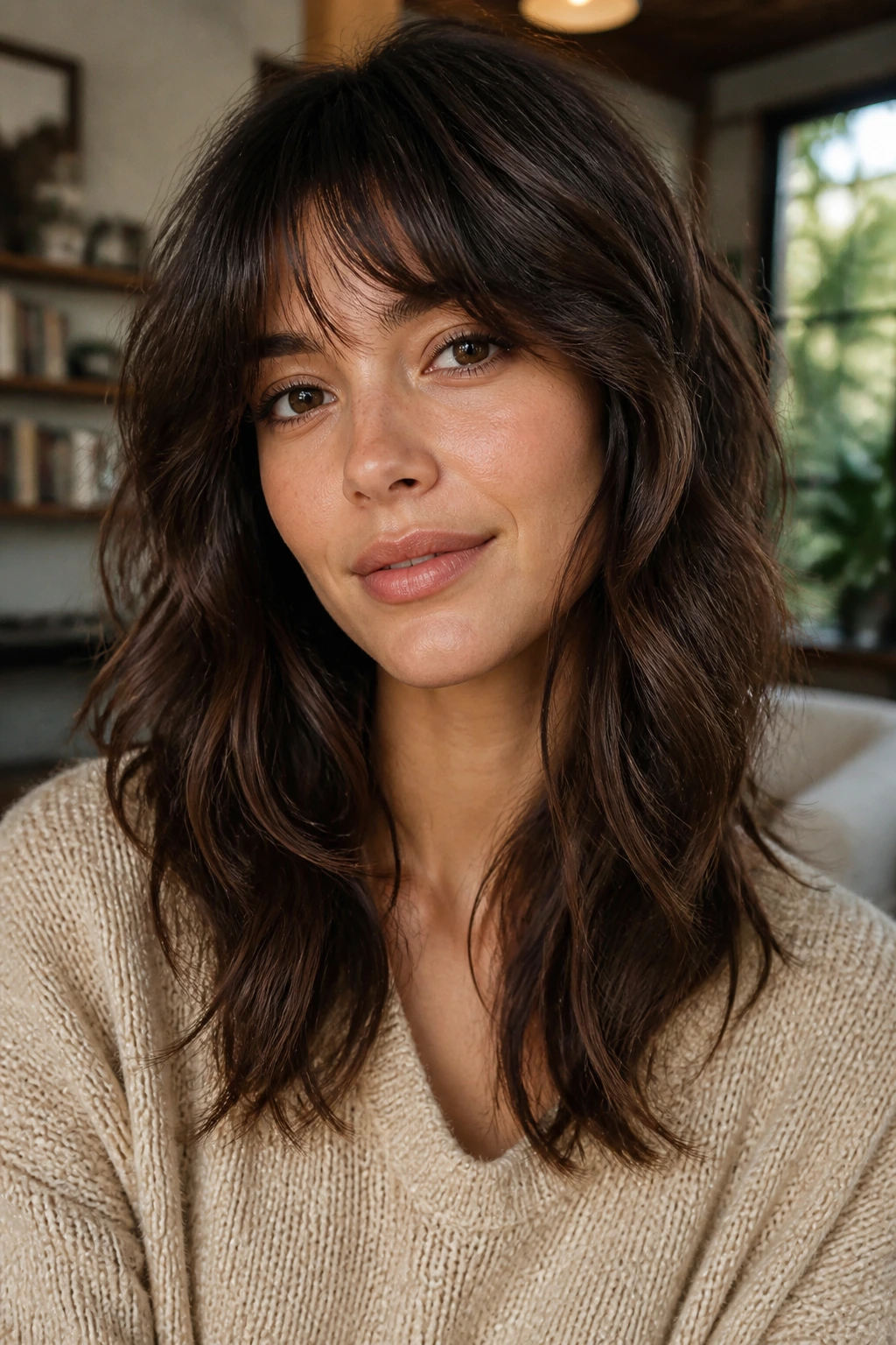 Close-up of a real woman with a controlled wolf cut and soft ends