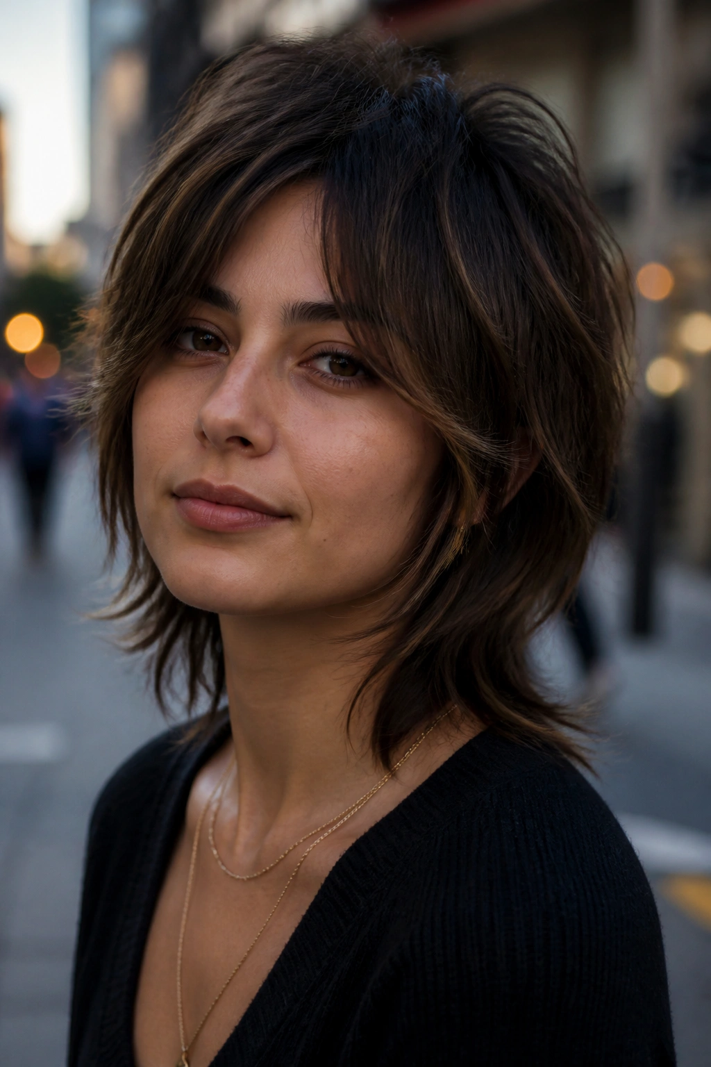 Real woman with wolf cut and soft face frame in an urban daylight setting