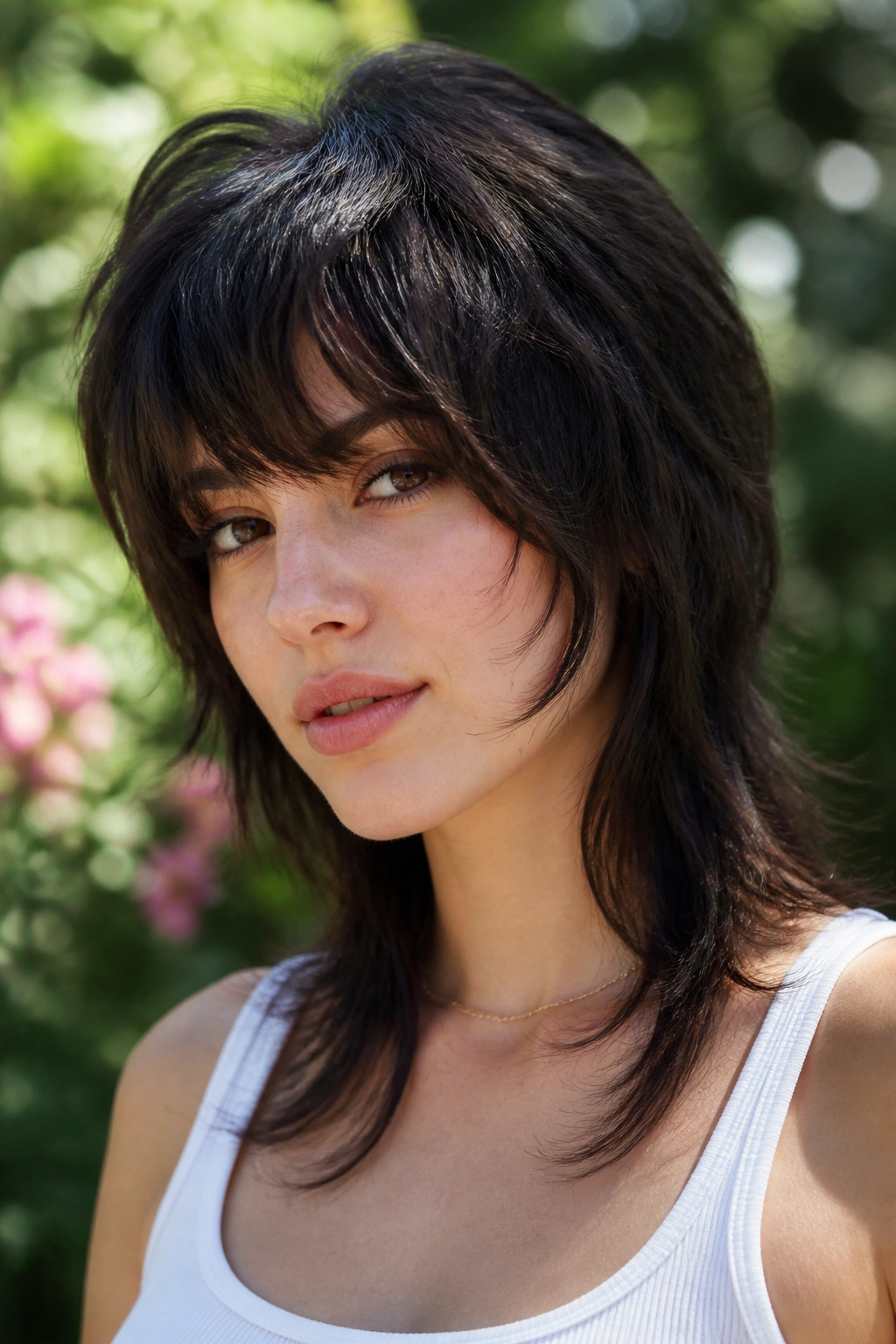 Real woman with wolf cut and soft taper outdoors in daylight.