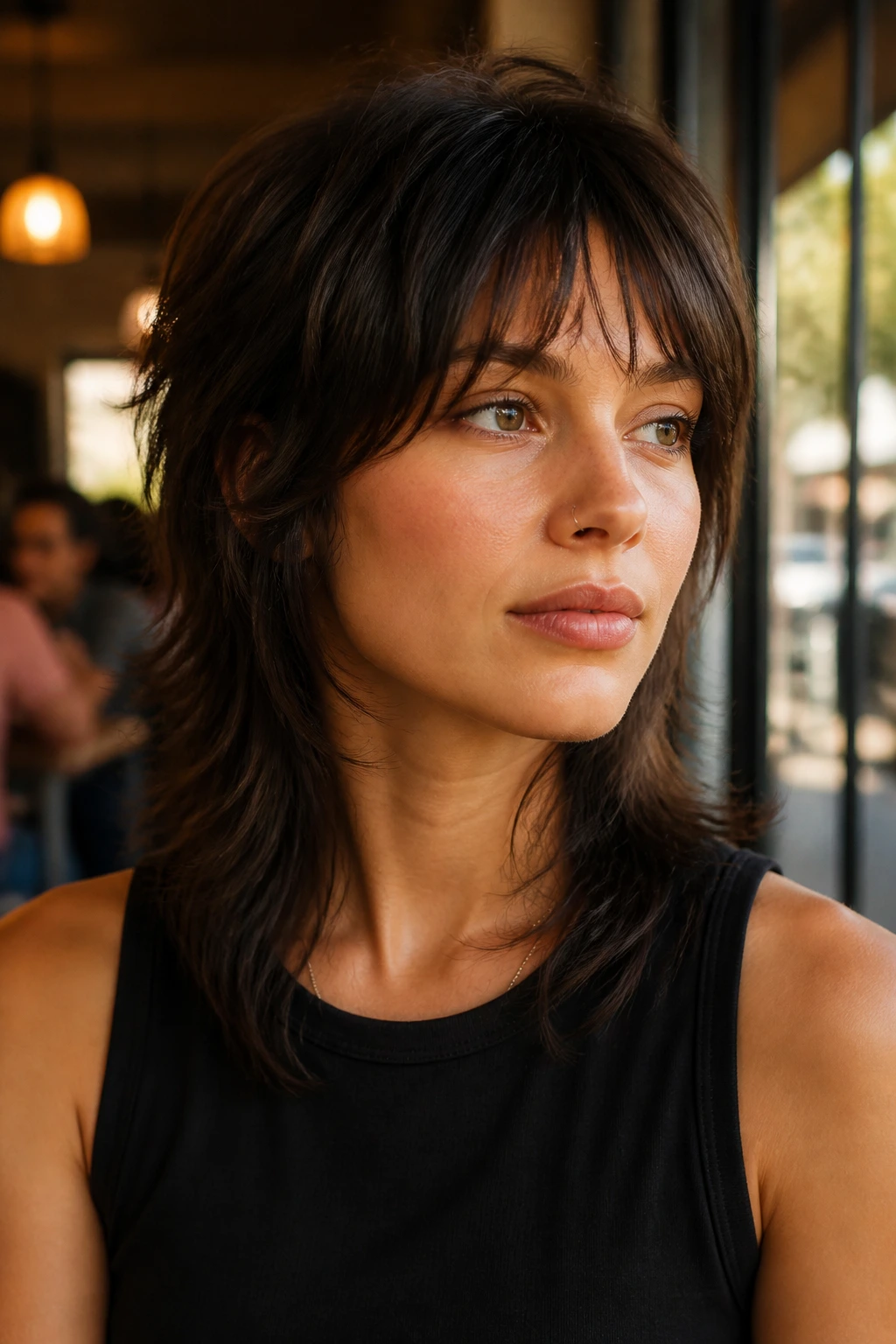 Close-up portrait of a real woman with a softened wolf cut