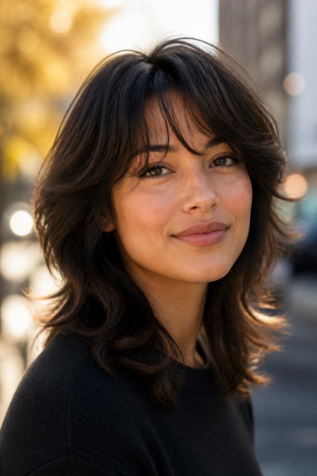 Close-up of a real person with a softened modern wolf cut.