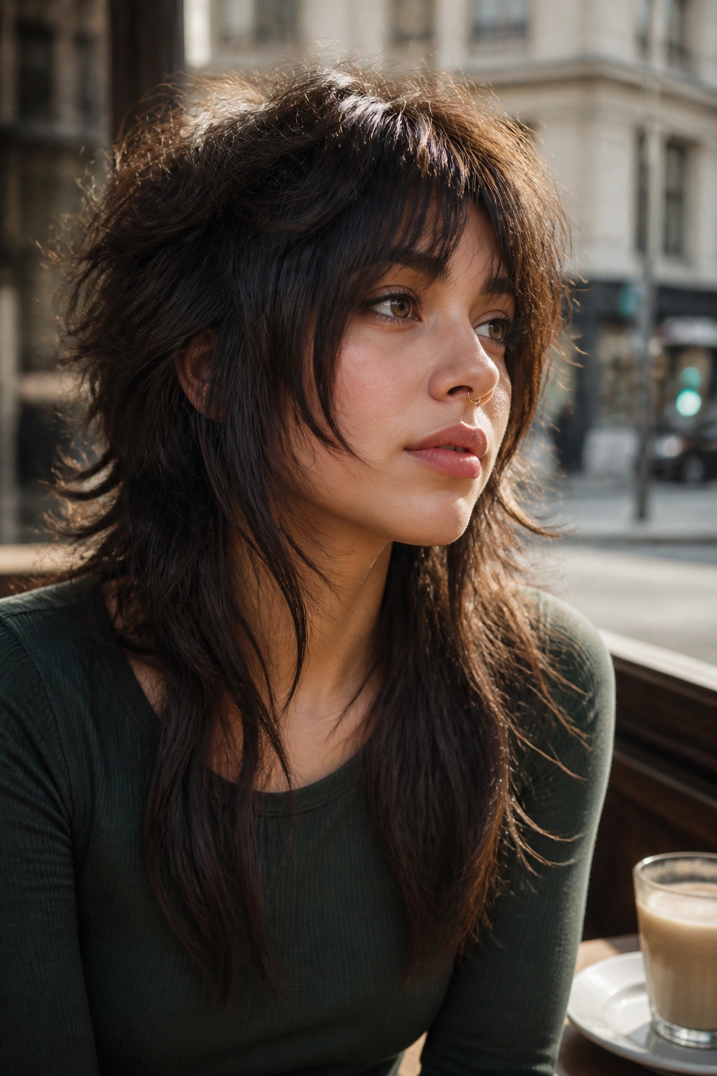 Close-up portrait of a real person with stretched-front wolf cut framing the face.