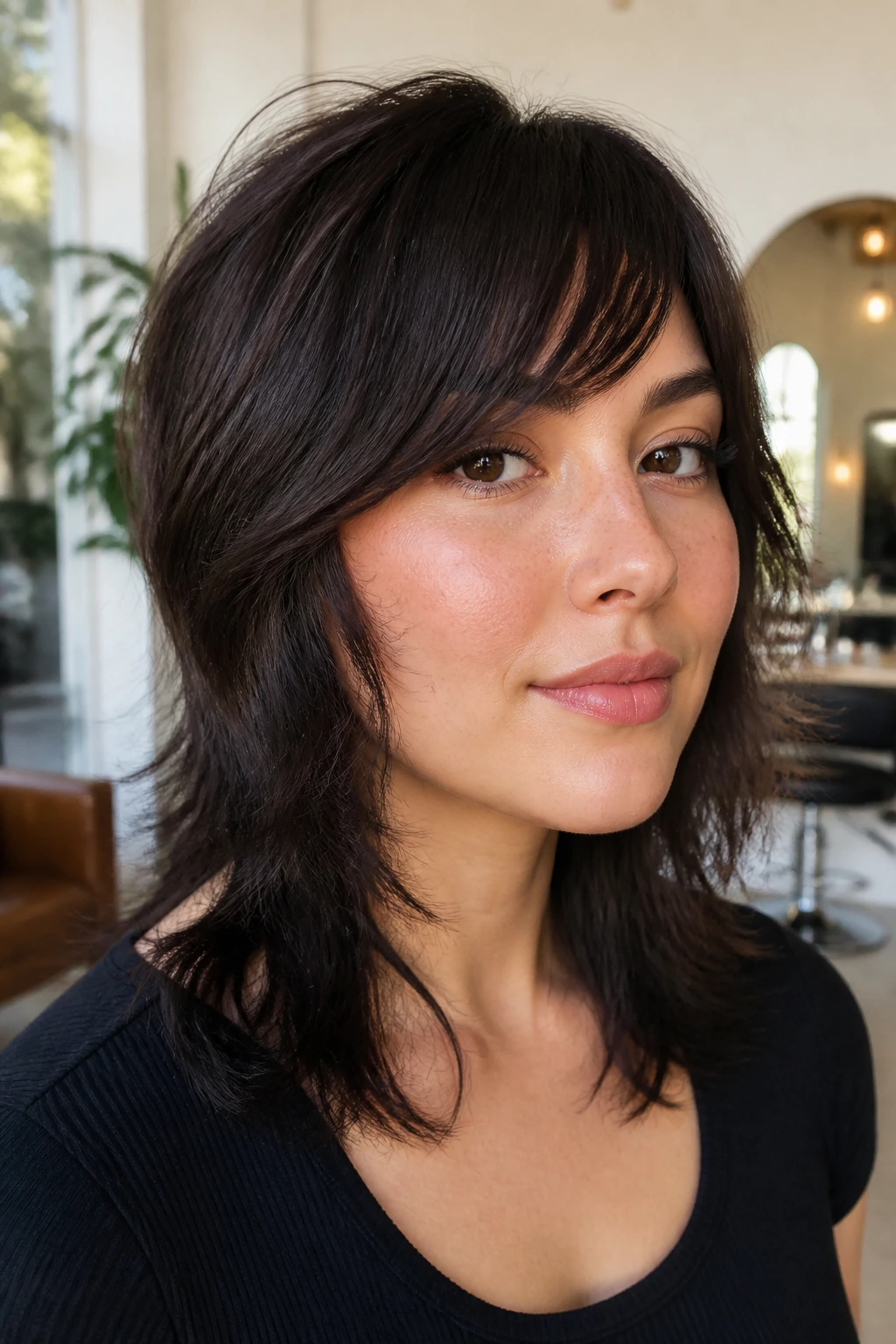 Close-up portrait of a real woman with wolf cut and swept bangs in airy studio lighting