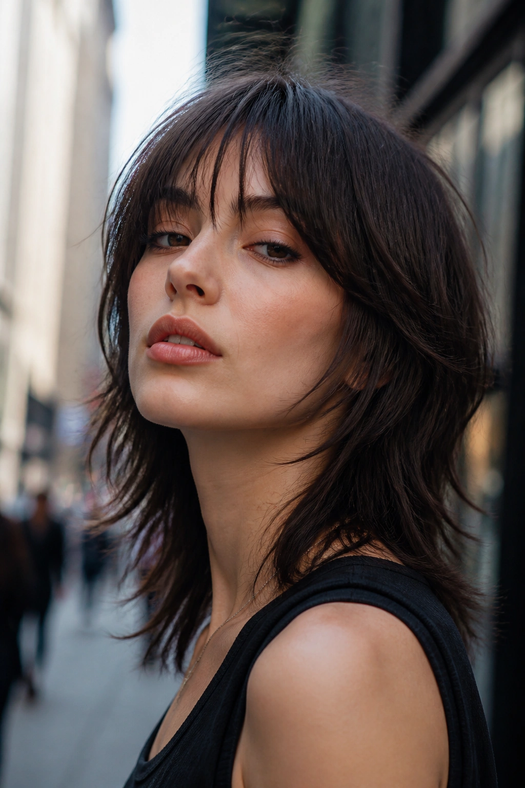 Close-up portrait of a real woman with wolf cut and tapered bangs