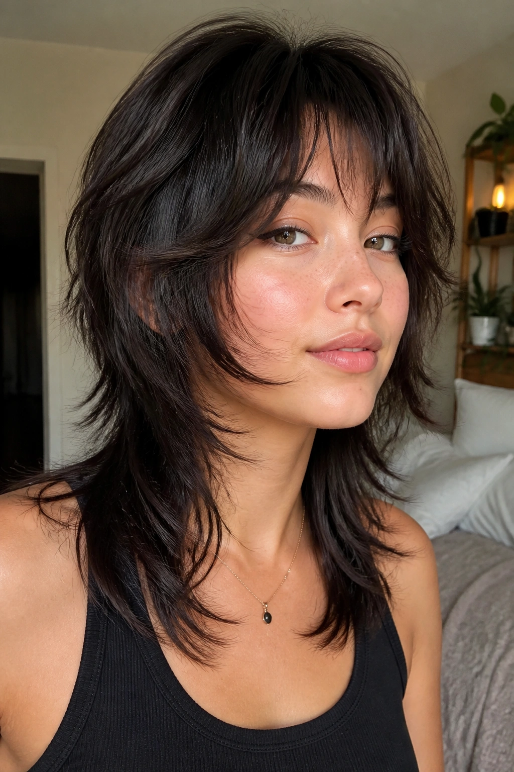 Close-up portrait of a real woman with a wolf cut and tapered cheeks