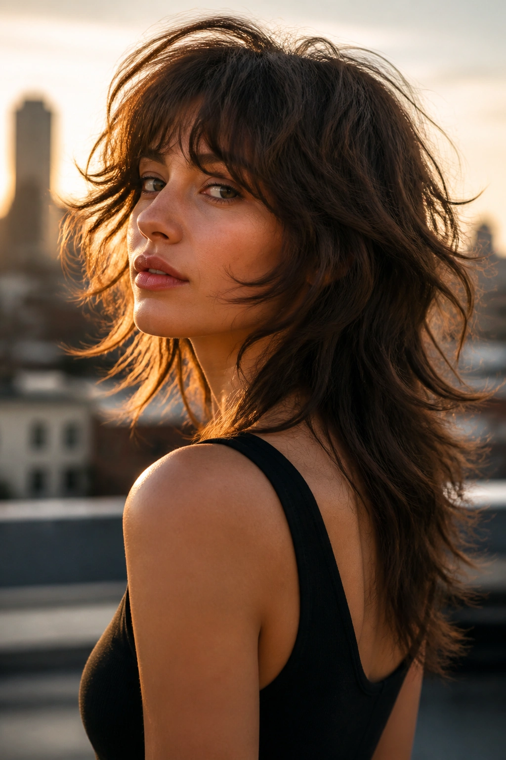 Real woman with wavy wolf cut and tapered ends in golden hour light